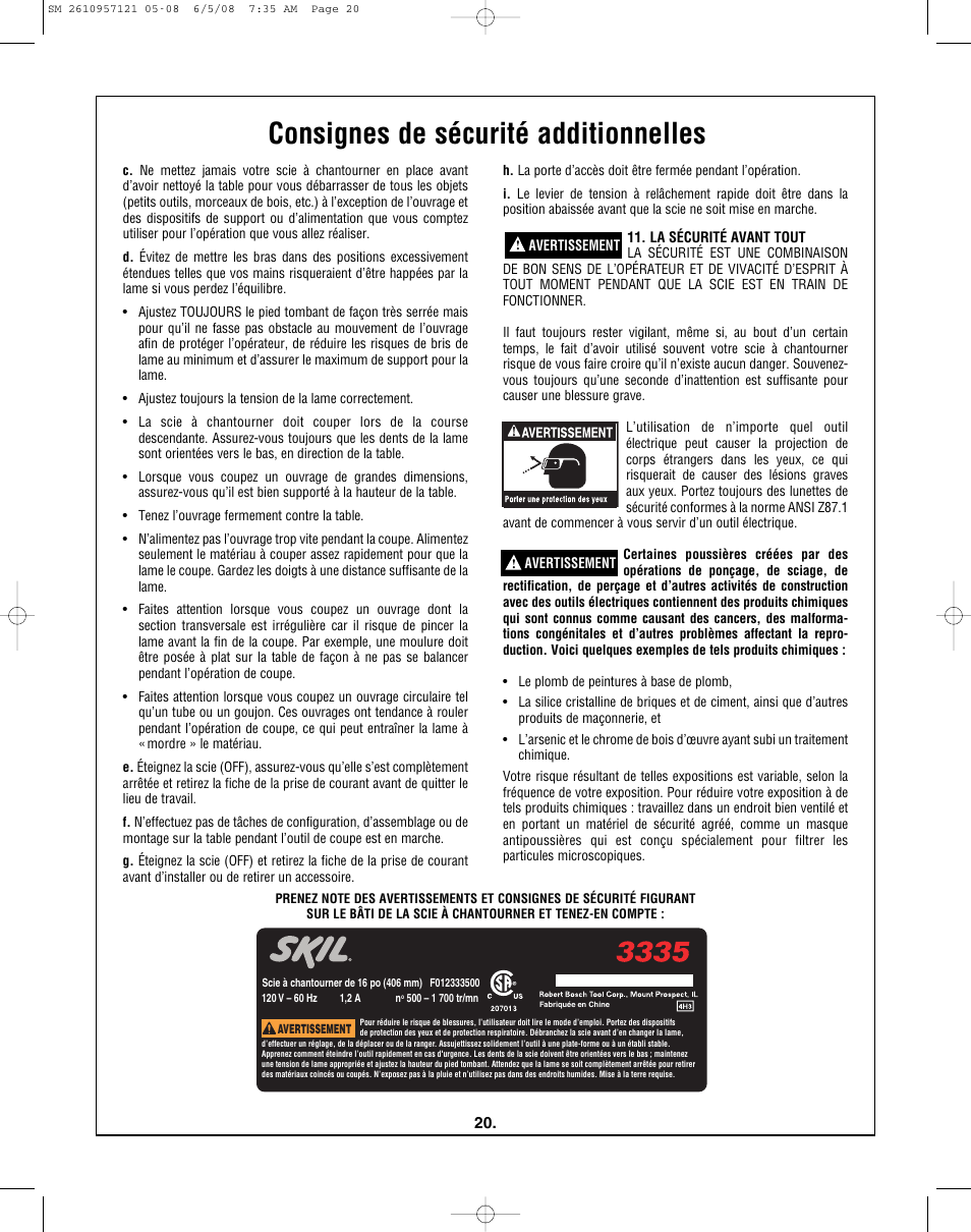 Consignes de sécurité additionnelles | Skil 3335-01 User Manual | Page 20 / 52