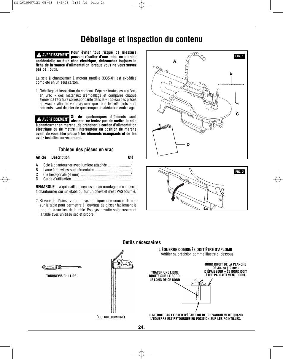 Déballage et inspection du contenu, Tableau des pièces en vrac, Outils nécessaires | Skil 3335-01 User Manual | Page 24 / 52