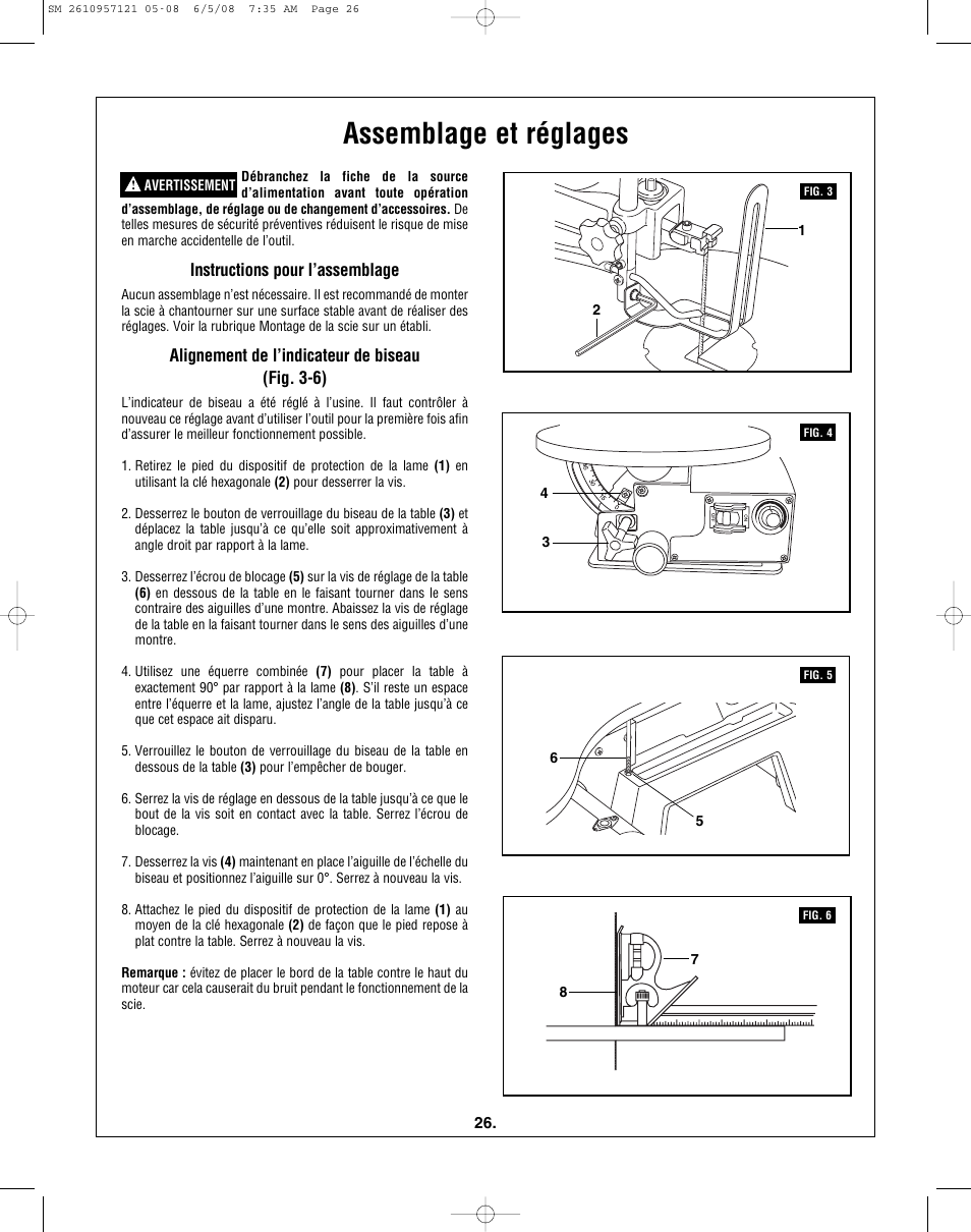 Assemblage et réglages, Instructions pour l’assemblage, Alignement de l’indicateur de biseau (fig. 3-6) | Skil 3335-01 User Manual | Page 26 / 52