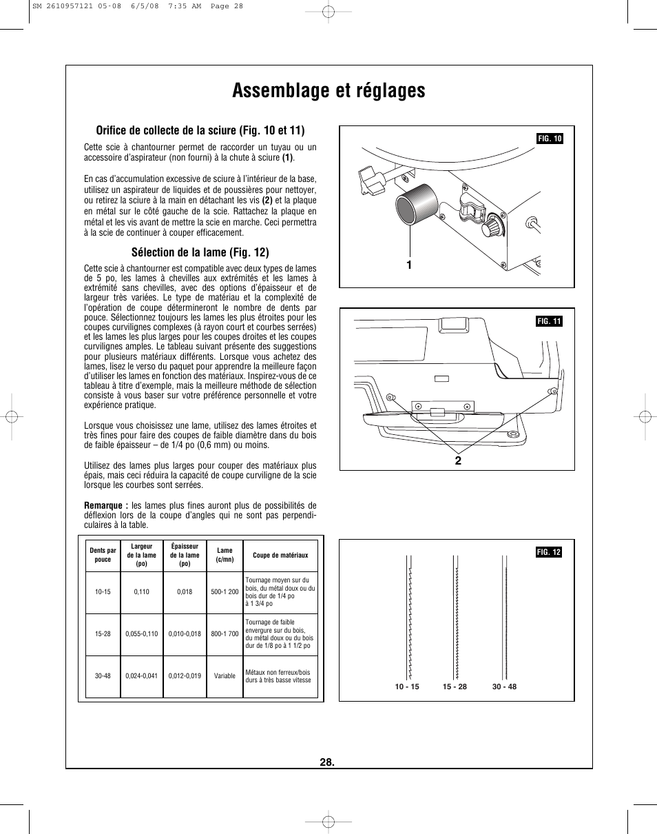 Assemblage et réglages, Orifice de collecte de la sciure (fig. 10 et 11), Sélection de la lame (fig. 12) | Skil 3335-01 User Manual | Page 28 / 52
