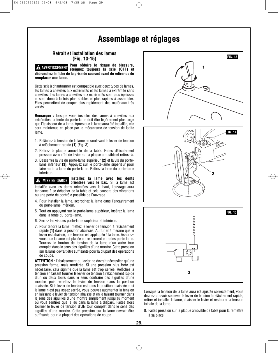 Assemblage et réglages, Retrait et installation des lames (fig. 13-15) | Skil 3335-01 User Manual | Page 29 / 52