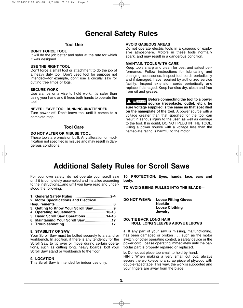 General safety rules, Additional safety rules for scroll saws | Skil 3335-01 User Manual | Page 3 / 52