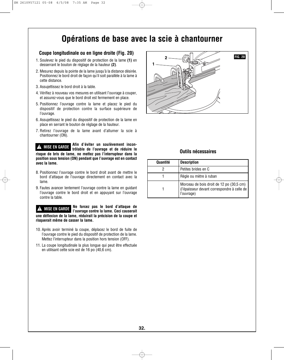 Opérations de base avec la scie à chantourner, Coupe longitudinale ou en ligne droite (fig. 20), Outils nécessaires | Skil 3335-01 User Manual | Page 32 / 52