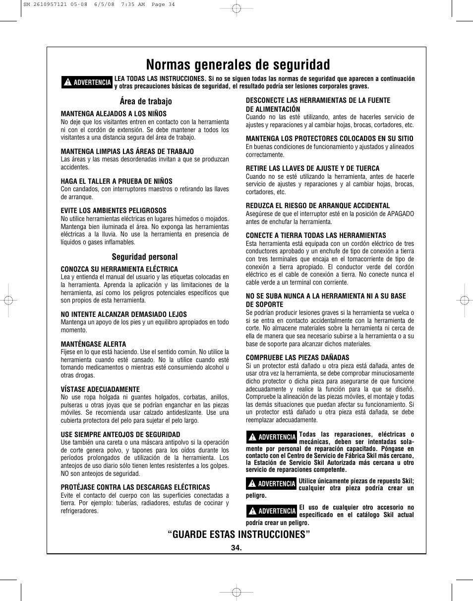 Normas generales de seguridad, Guarde estas instrucciones, Área de trabajo | Seguridad personal | Skil 3335-01 User Manual | Page 34 / 52