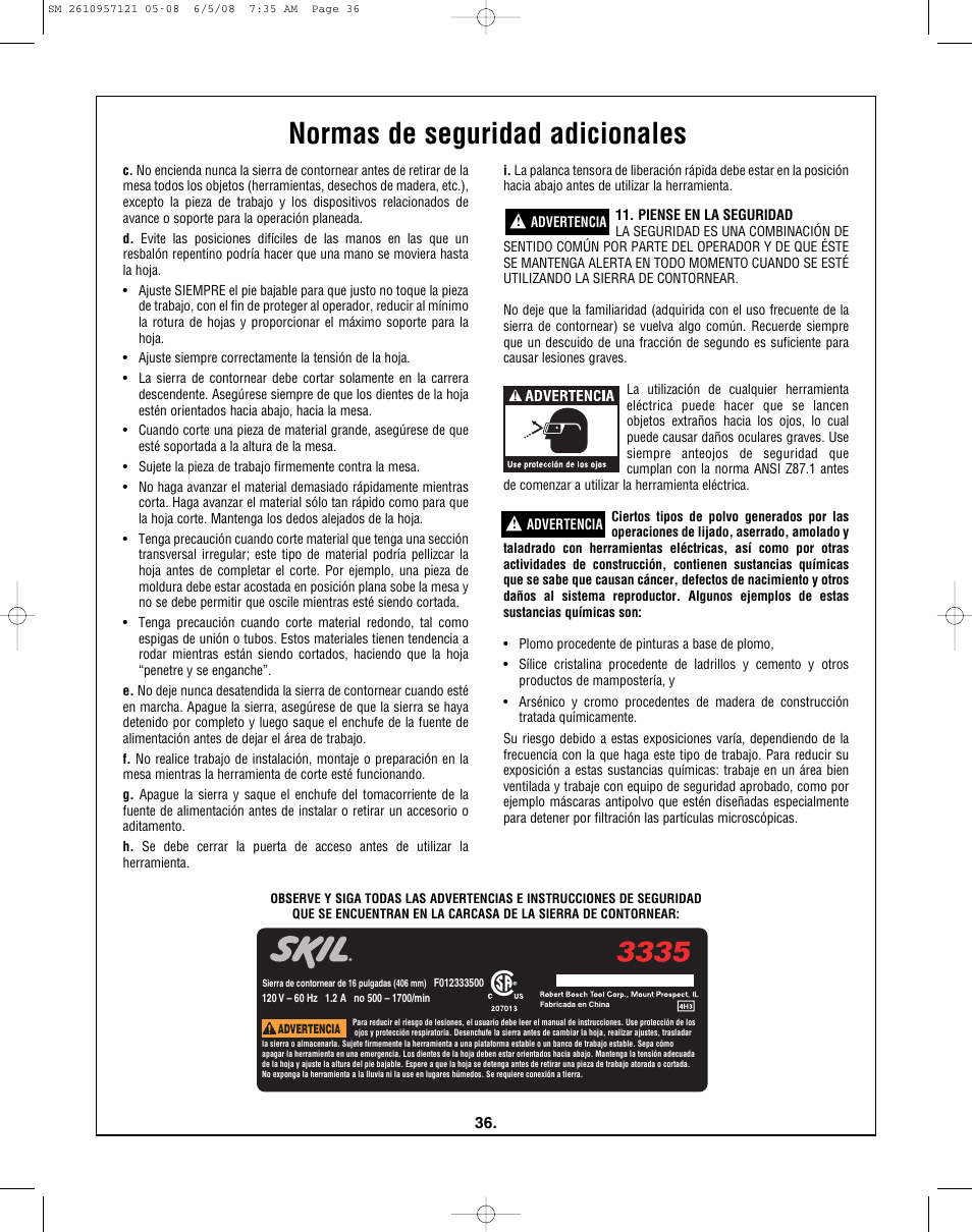 Normas de seguridad adicionales | Skil 3335-01 User Manual | Page 36 / 52