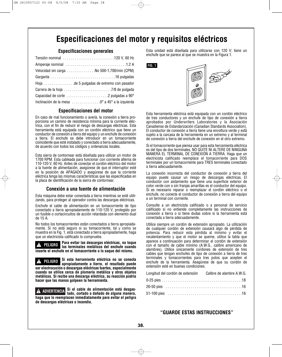 Especificaciones del motor y requisitos eléctricos | Skil 3335-01 User Manual | Page 38 / 52