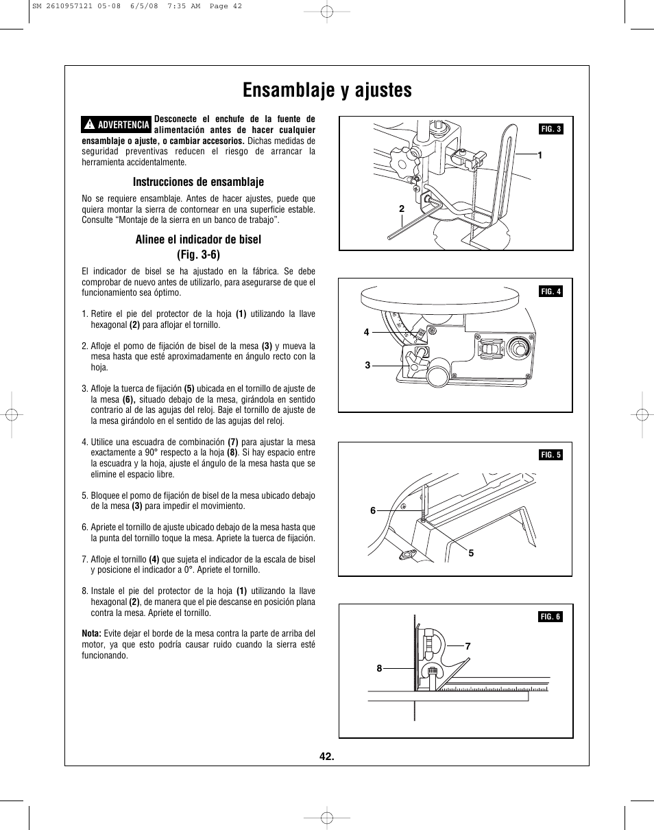 Ensamblaje y ajustes, Instrucciones de ensamblaje, Alinee el indicador de bisel (fig. 3-6) | Skil 3335-01 User Manual | Page 42 / 52