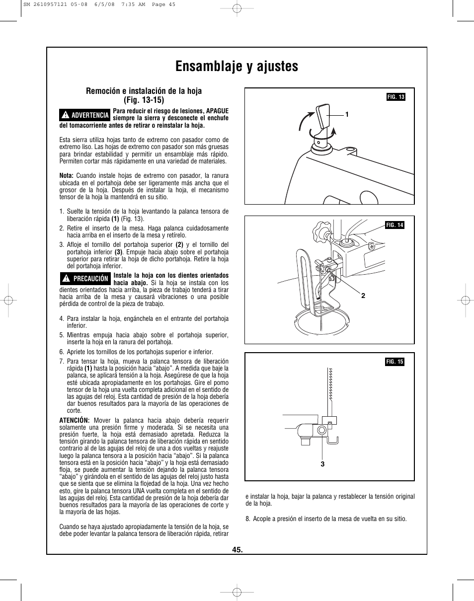 Ensamblaje y ajustes, Remoción e instalación de la hoja (fig. 13-15) | Skil 3335-01 User Manual | Page 45 / 52