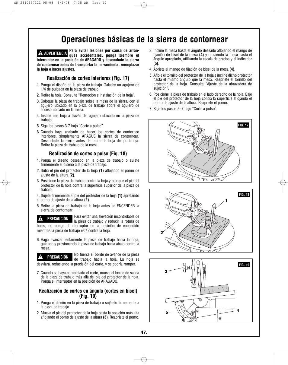 Operaciones básicas de la sierra de contornear, Realización de cortes interiores (fig. 17), Realización de cortes a pulso (fig. 18) | Skil 3335-01 User Manual | Page 47 / 52