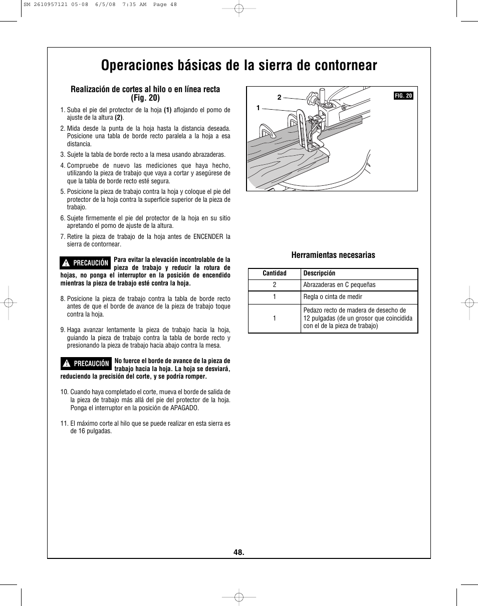 Operaciones básicas de la sierra de contornear, Herramientas necesarias | Skil 3335-01 User Manual | Page 48 / 52
