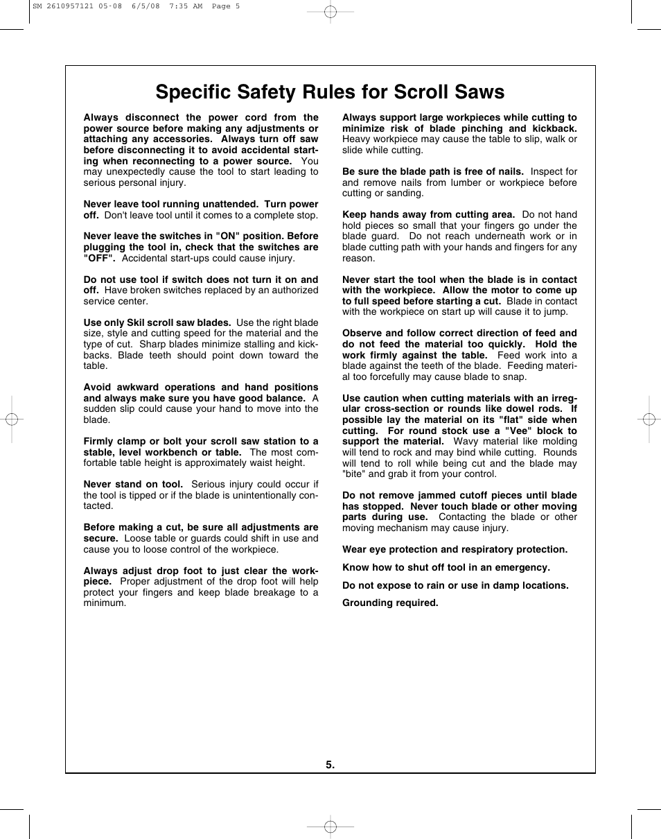 Specific safety rules for scroll saws | Skil 3335-01 User Manual | Page 5 / 52