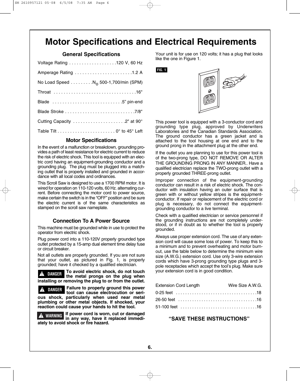 Motor specifications and electrical requirements | Skil 3335-01 User Manual | Page 6 / 52