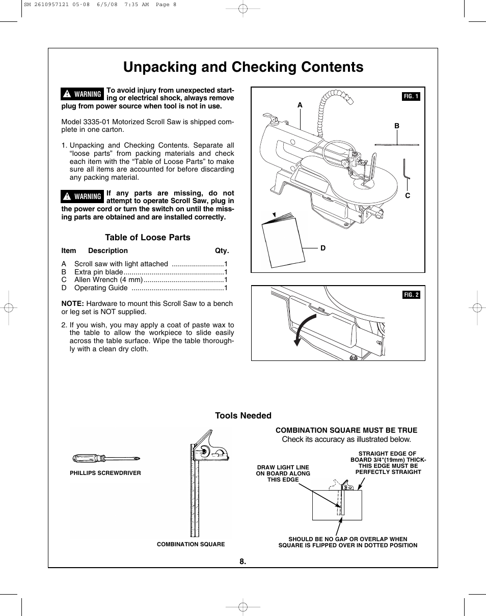 Unpacking and checking contents, Table of loose parts, Tools needed | Skil 3335-01 User Manual | Page 8 / 52
