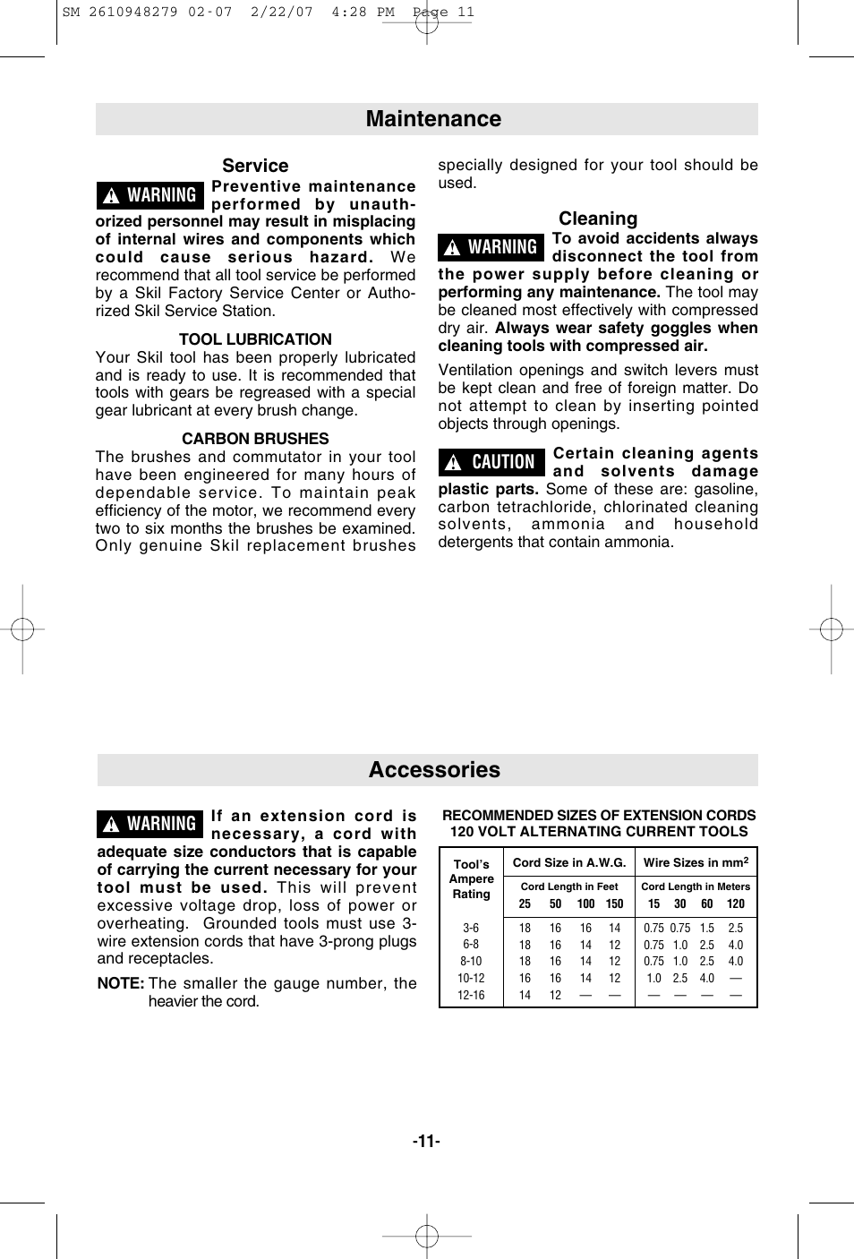 Maintenance, Accessories, Service | Cleaning, Warning, Caution | Skil 4290 User Manual | Page 11 / 32