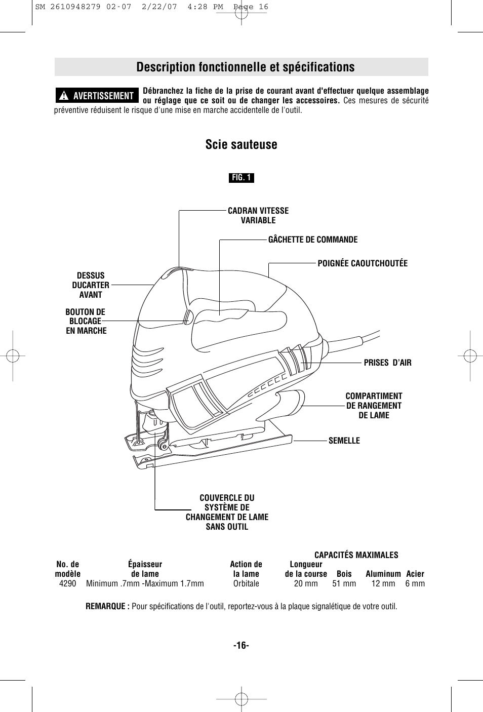Description fonctionnelle et spécifications, Scie sauteuse | Skil 4290 User Manual | Page 16 / 32