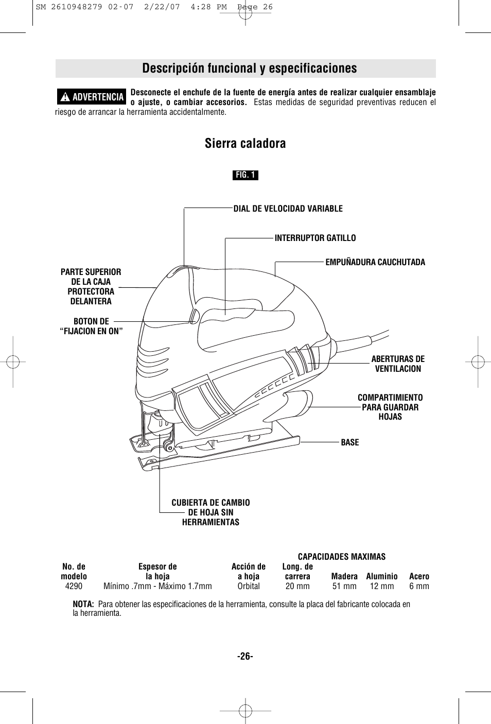 Descripción funcional y especificaciones, Sierra caladora | Skil 4290 User Manual | Page 26 / 32