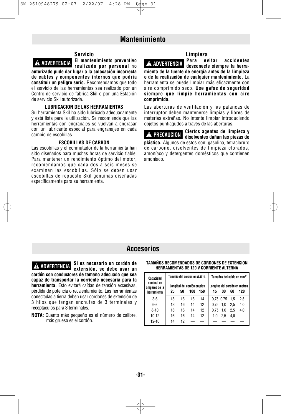 Accesorios, Mantenimiento, Servicio | Limpieza, Advertencia, Advertencia ! advertencia ! precaucion | Skil 4290 User Manual | Page 31 / 32