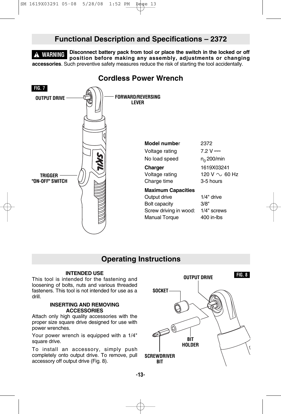 Functional description and specifications – 2372, Cordless power wrench, Operating instructions | Skil 2372 User Manual | Page 13 / 44