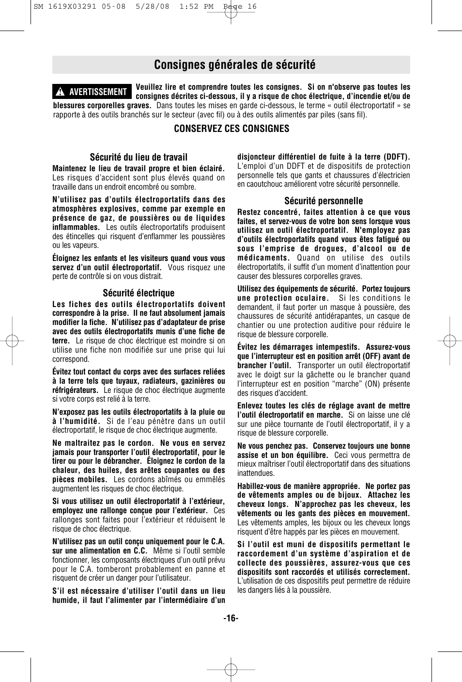 Consignes générales de sécurité | Skil 2372 User Manual | Page 16 / 44