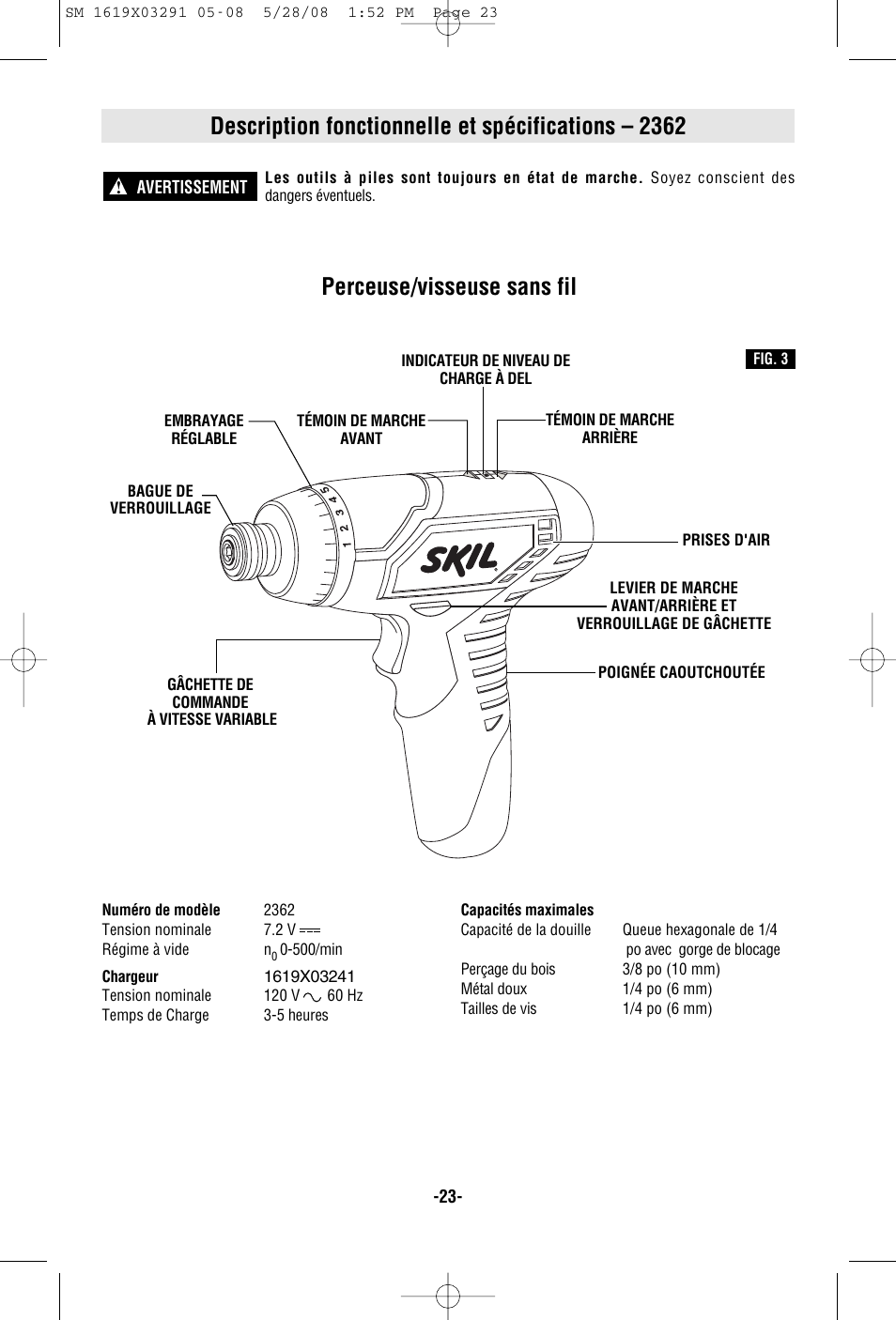 Description fonctionnelle et spécifications – 2362, Perceuse/visseuse sans fil | Skil 2372 User Manual | Page 23 / 44