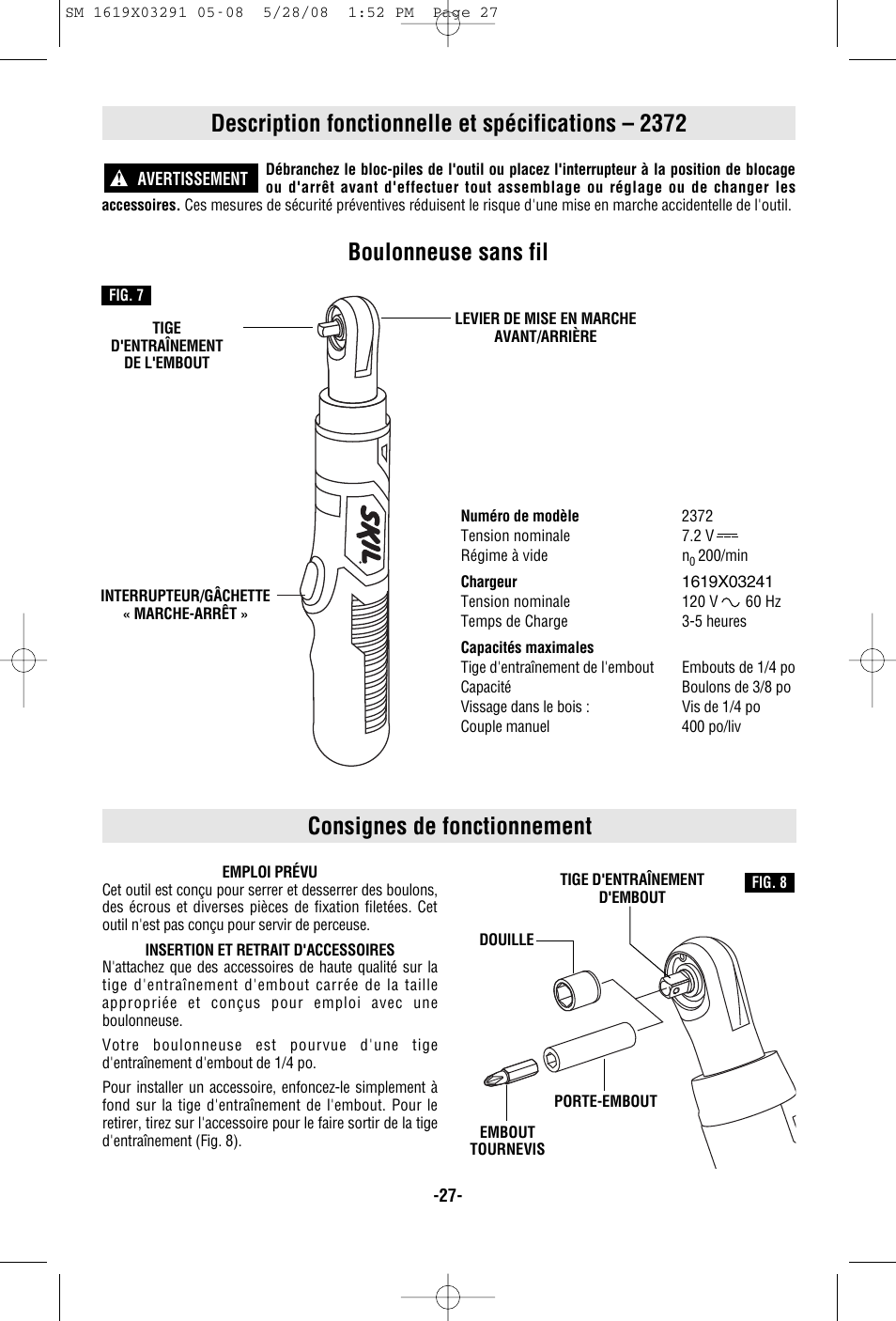 Description fonctionnelle et spécifications – 2372, Consignes de fonctionnement, Boulonneuse sans fil | Skil 2372 User Manual | Page 27 / 44