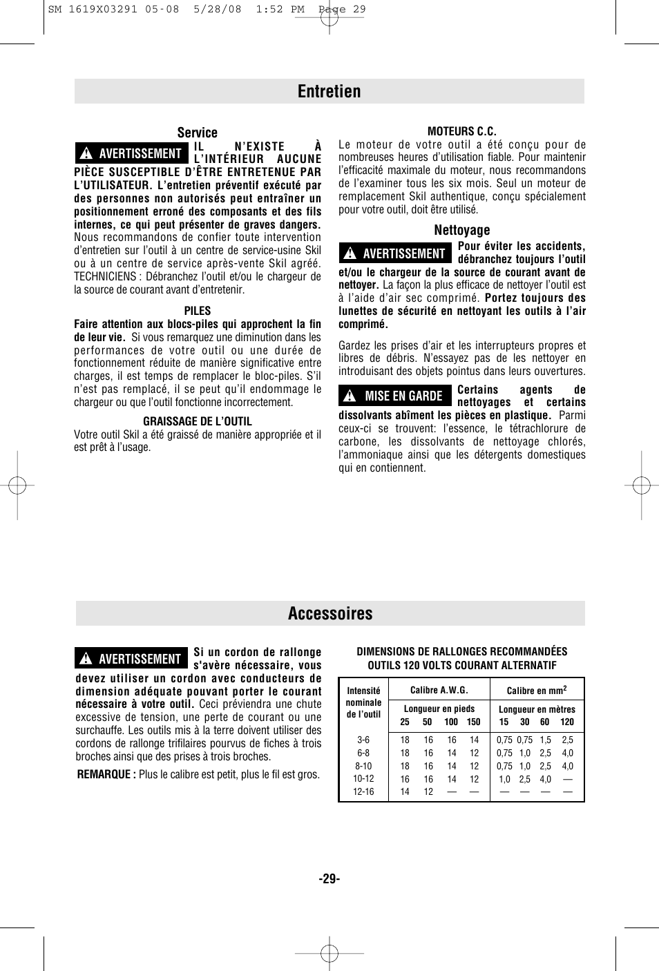 Entretien, Accessoires, Service | Nettoyage, Avertissement | Skil 2372 User Manual | Page 29 / 44