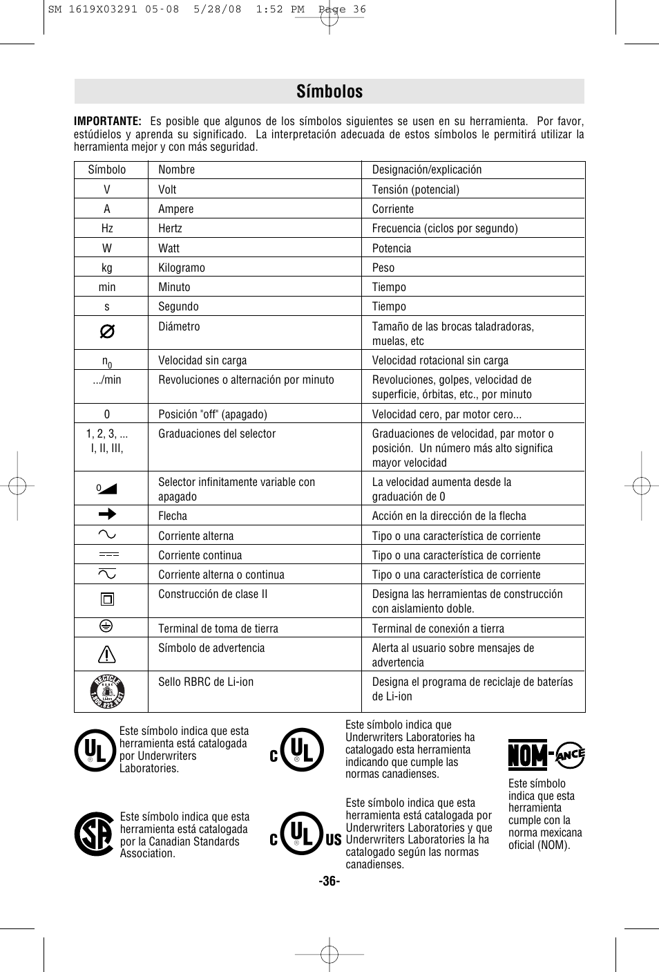 Símbolos | Skil 2372 User Manual | Page 36 / 44