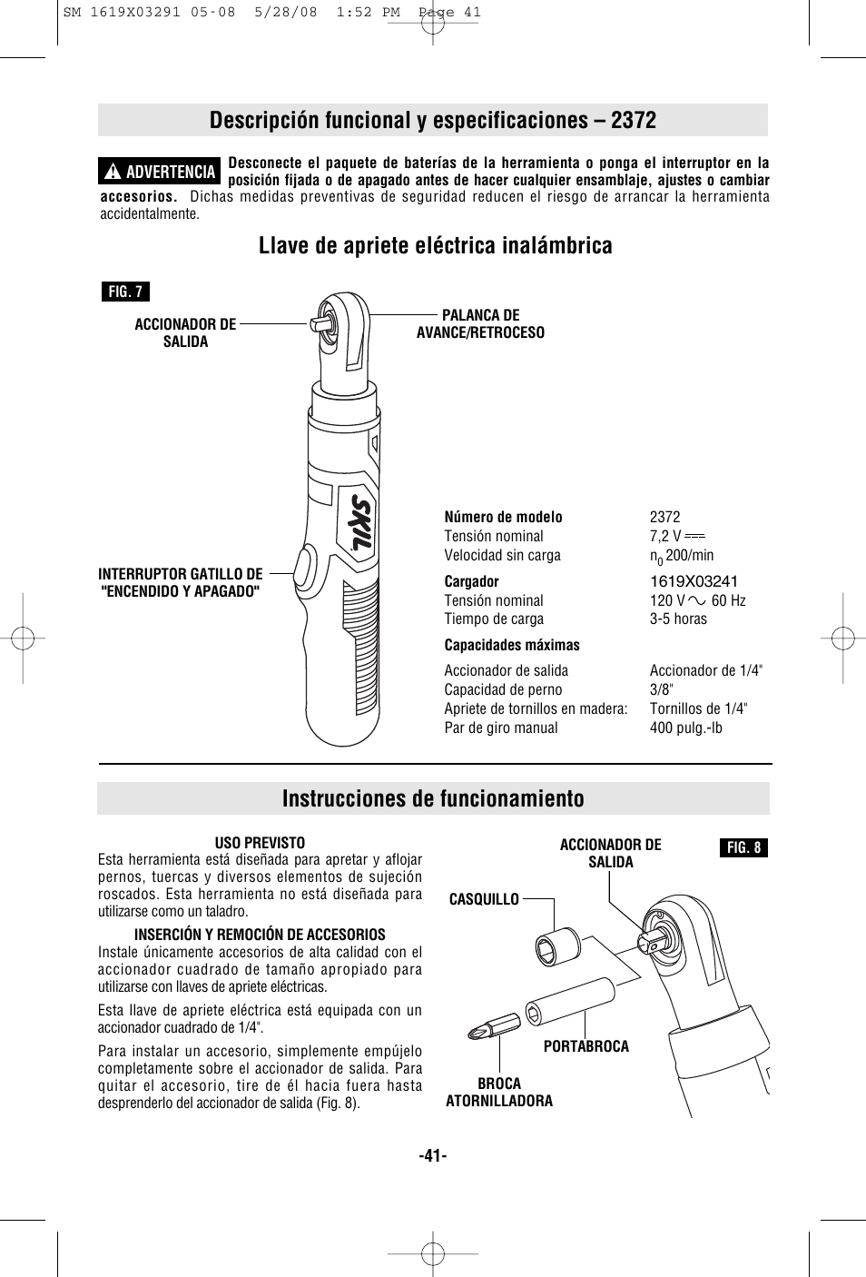 Descripción funcional y especificaciones – 2372, Llave de apriete eléctrica inalámbrica, Instrucciones de funcionamiento | Skil 2372 User Manual | Page 41 / 44