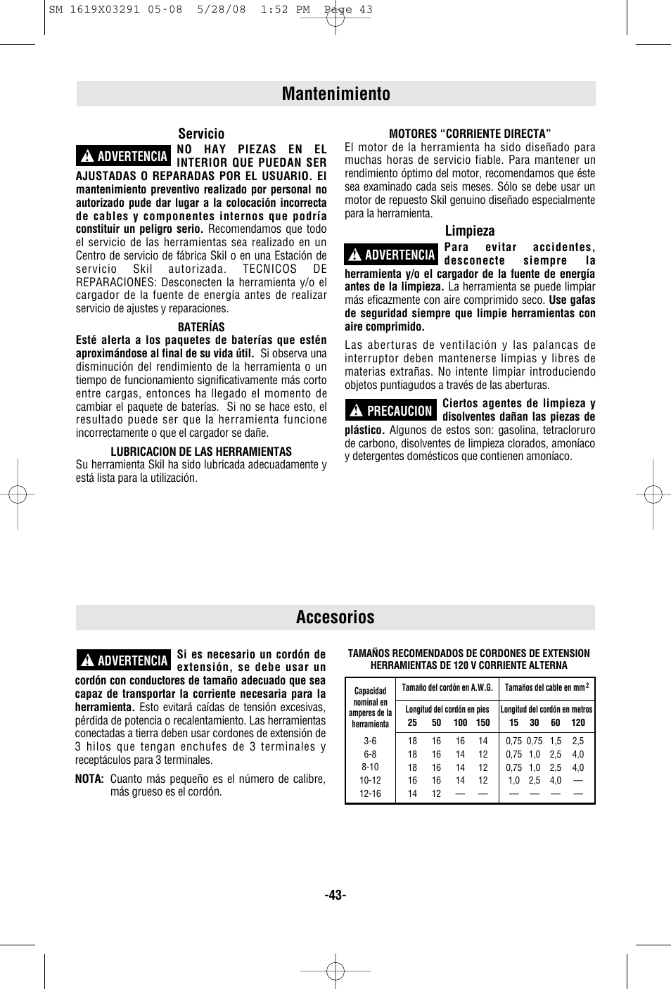 Mantenimiento, Accesorios, Servicio | Limpieza, Advertencia ! advertencia ! precaucion ! -43, Advertencia | Skil 2372 User Manual | Page 43 / 44