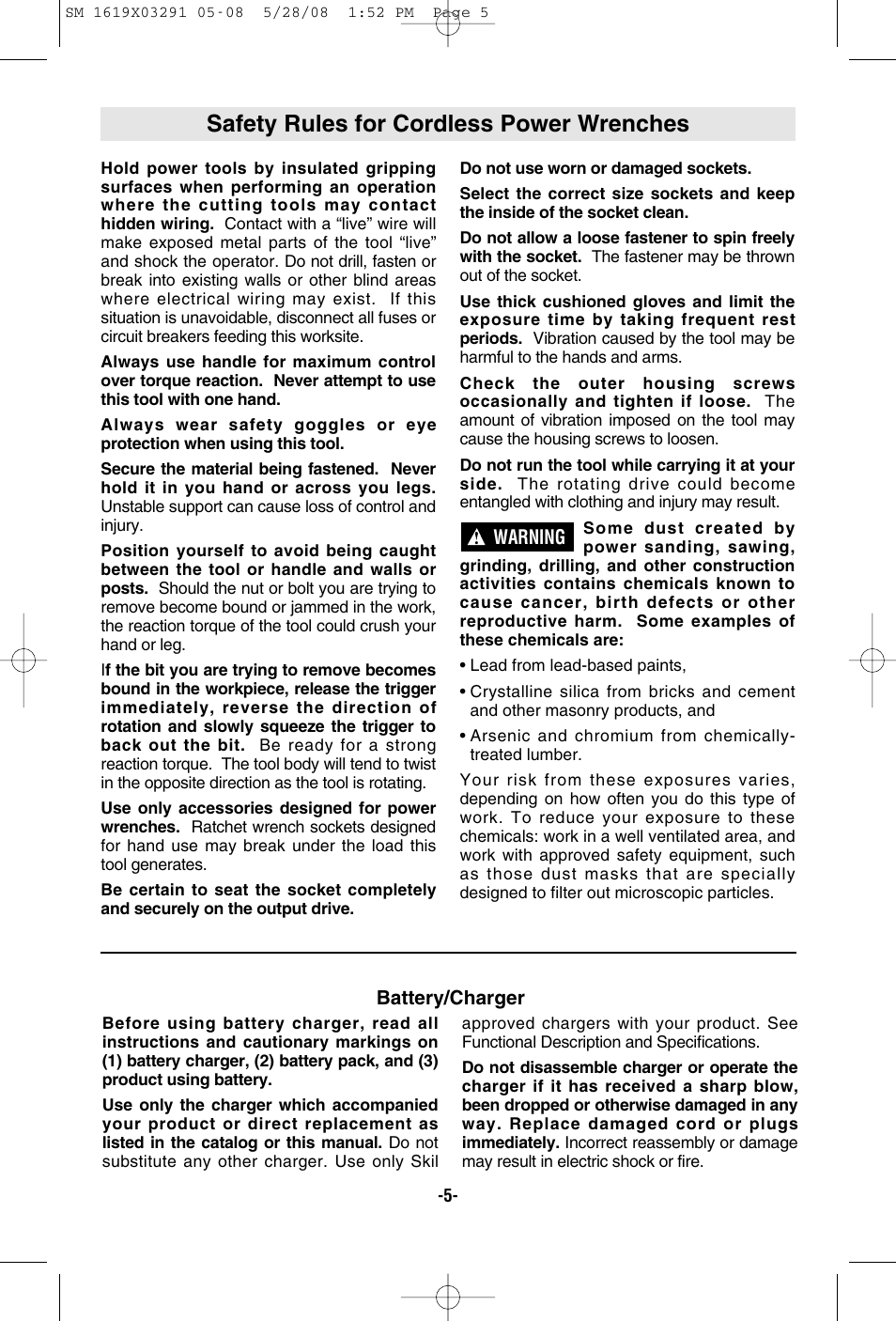 Safety rules for cordless power wrenches | Skil 2372 User Manual | Page 5 / 44