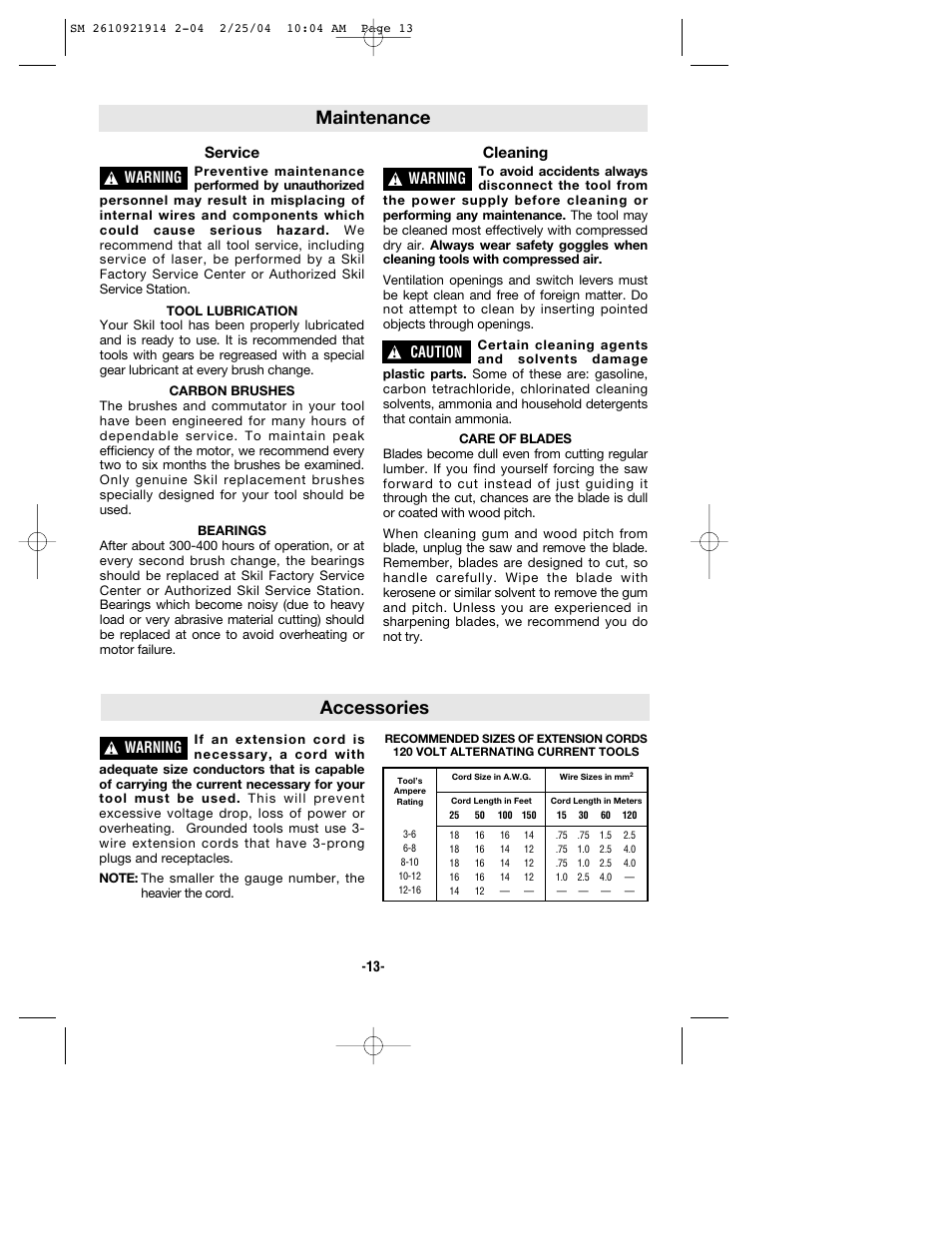Accessories, Maintenance, Service | Cleaning, Warning, Caution | Skil 5750 User Manual | Page 13 / 40