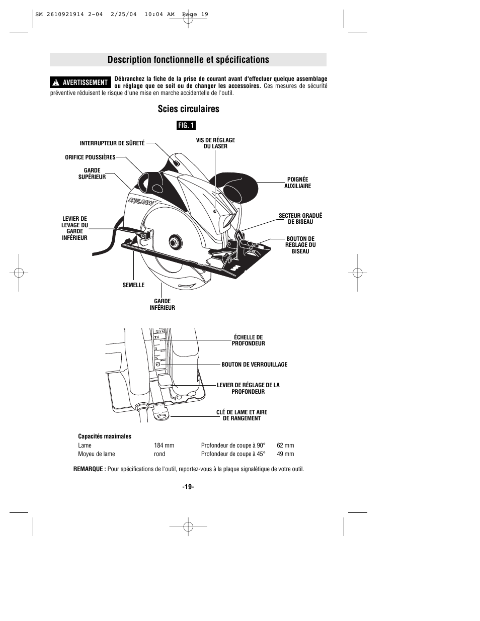 Description fonctionnelle et spécifications, Scies circulaires | Skil 5750 User Manual | Page 19 / 40