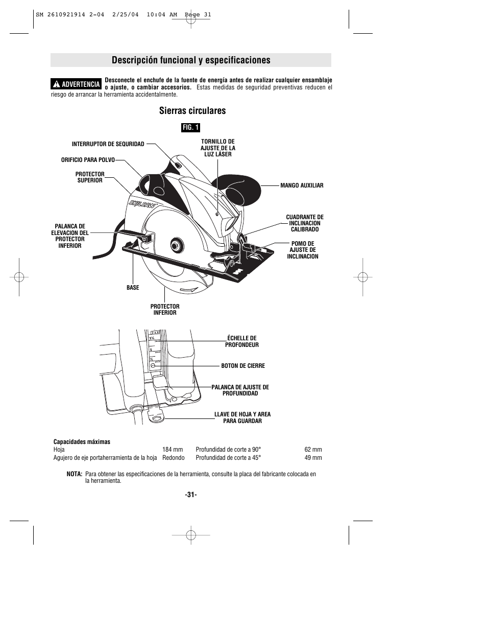 Descripción funcional y especificaciones, Sierras circulares | Skil 5750 User Manual | Page 31 / 40