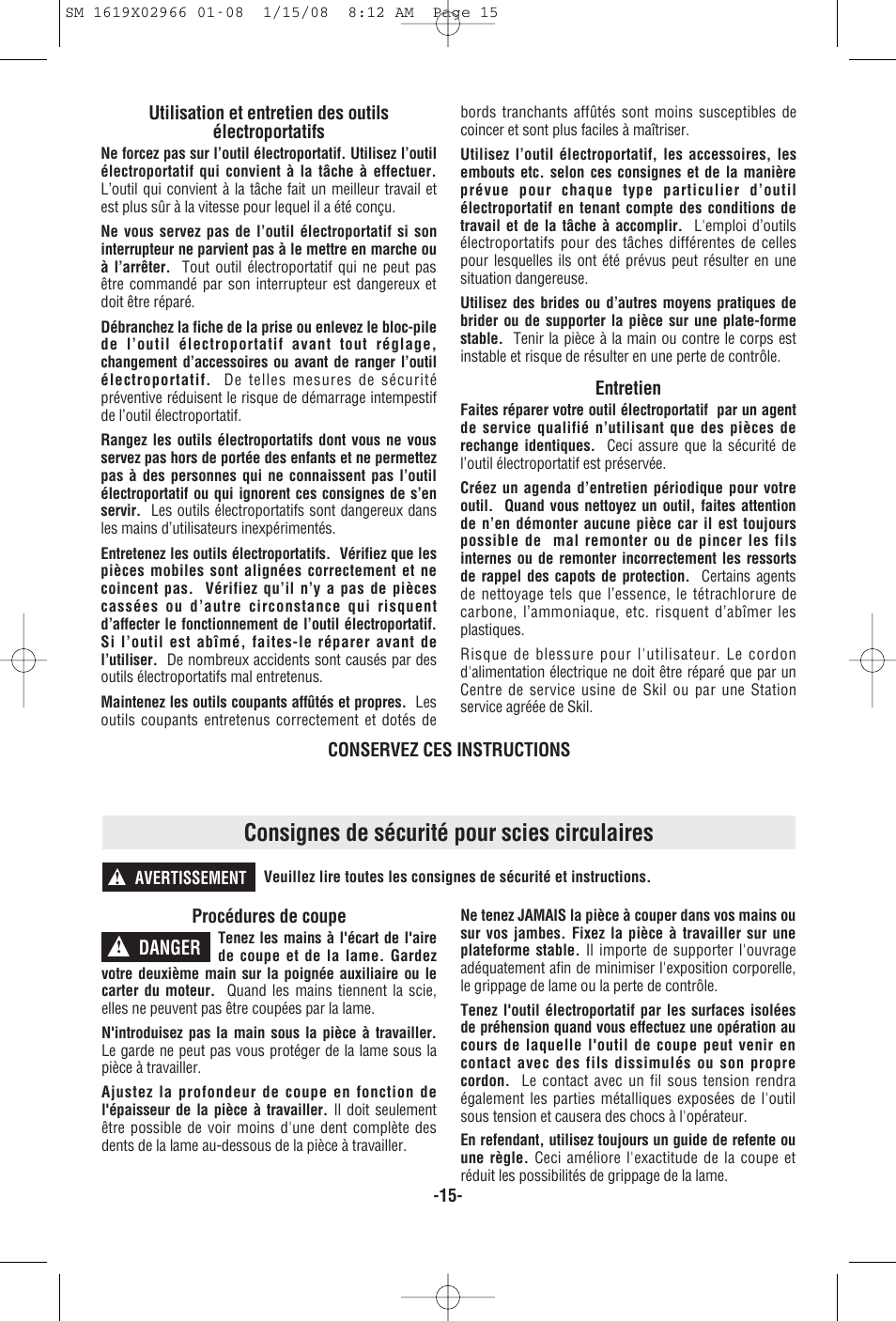 Consignes de sécurité pour scies circulaires | Skil 5585 User Manual | Page 15 / 40