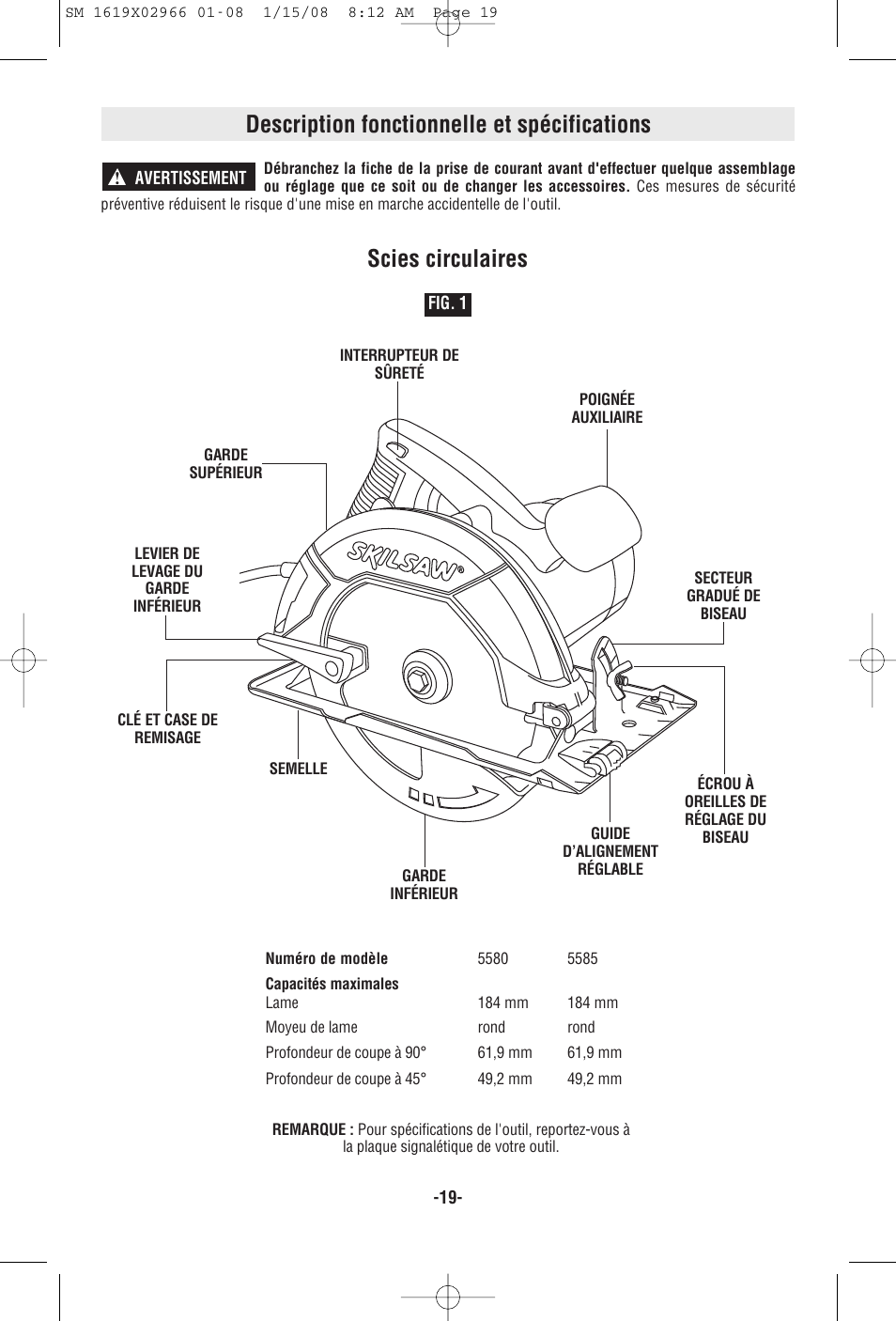 Description fonctionnelle et spécifications, Scies circulaires | Skil 5585 User Manual | Page 19 / 40