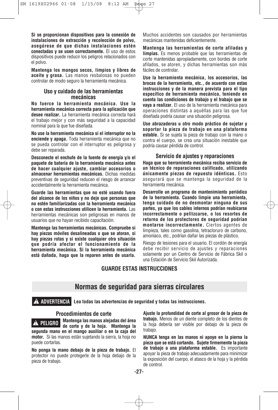 Normas de seguridad para sierras circulares | Skil 5585 User Manual | Page 27 / 40