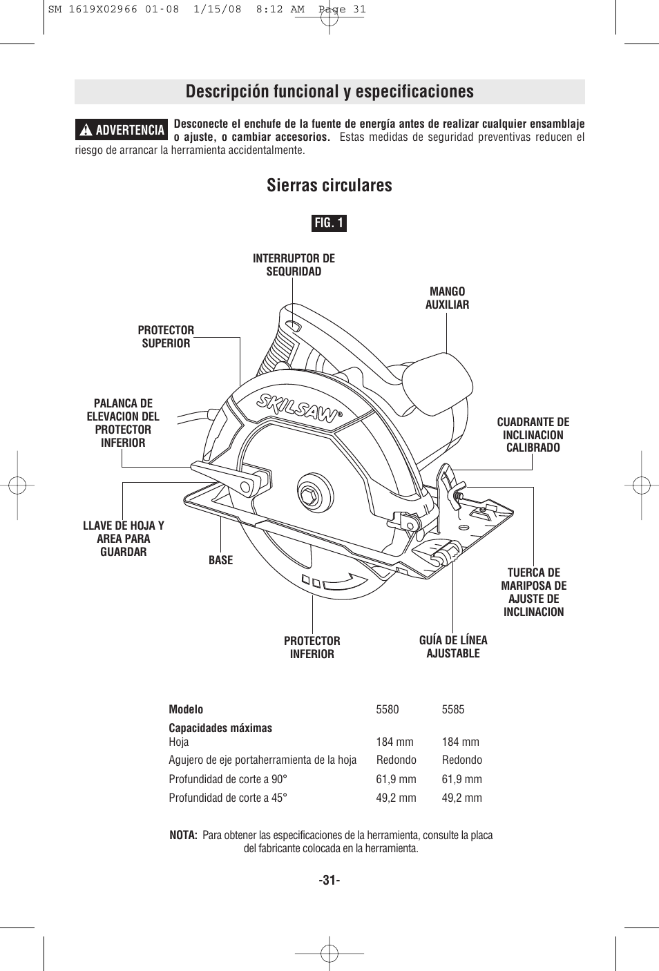 Descripción funcional y especificaciones, Sierras circulares | Skil 5585 User Manual | Page 31 / 40