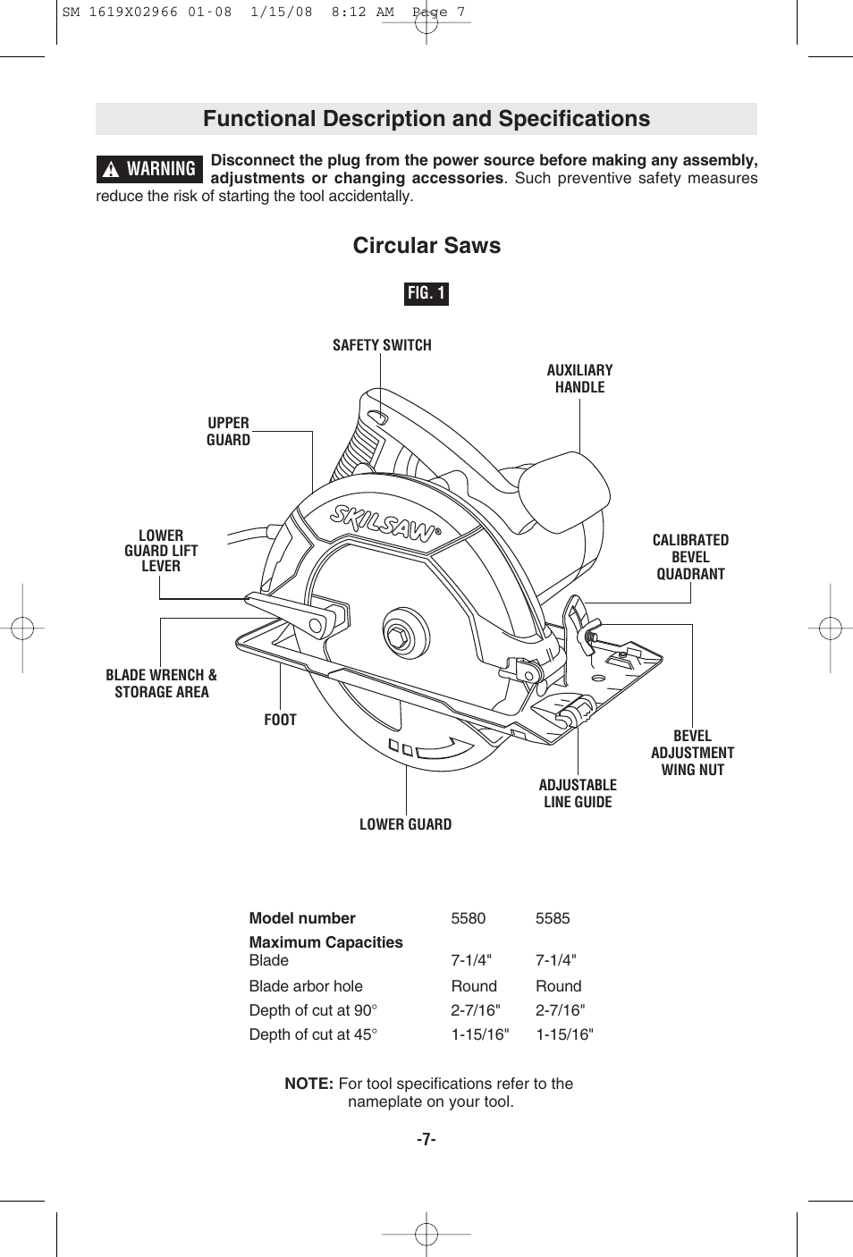 Functional description and specifications, Circular saws | Skil 5585 User Manual | Page 7 / 40