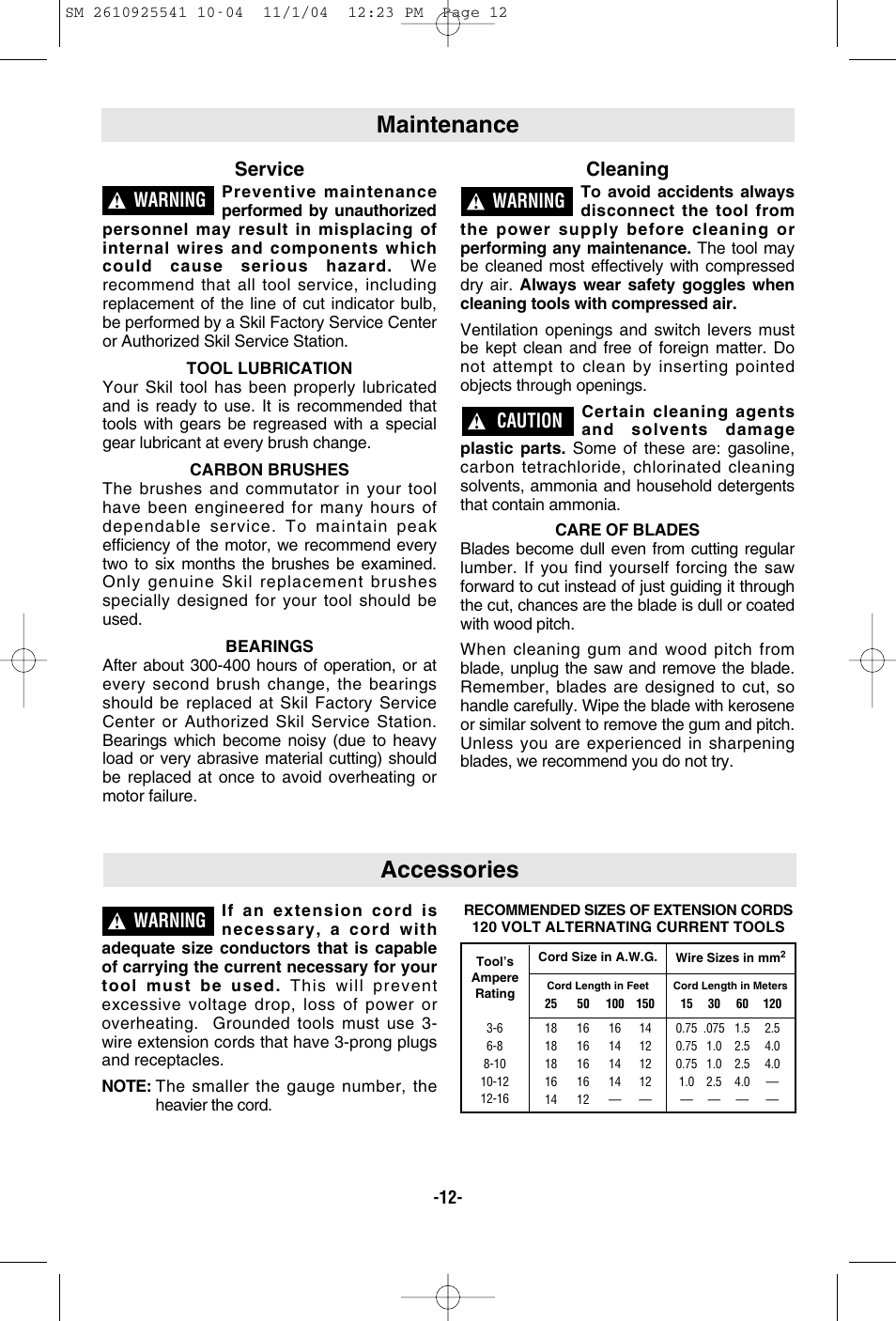Accessories, Maintenance, Service | Cleaning, Warning, Caution | Skil 5400 User Manual | Page 12 / 36