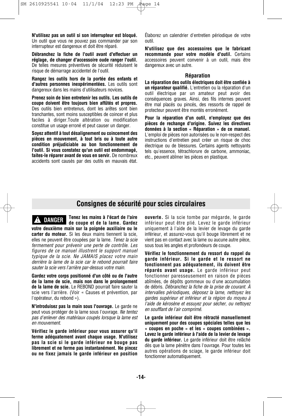 Consignes de sécurité pour scies circulaires | Skil 5400 User Manual | Page 14 / 36