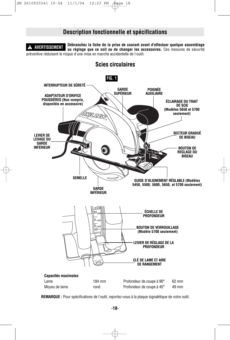 Description fonctionnelle et spécifications, Scies circulaires | Skil 5400 User Manual | Page 18 / 36
