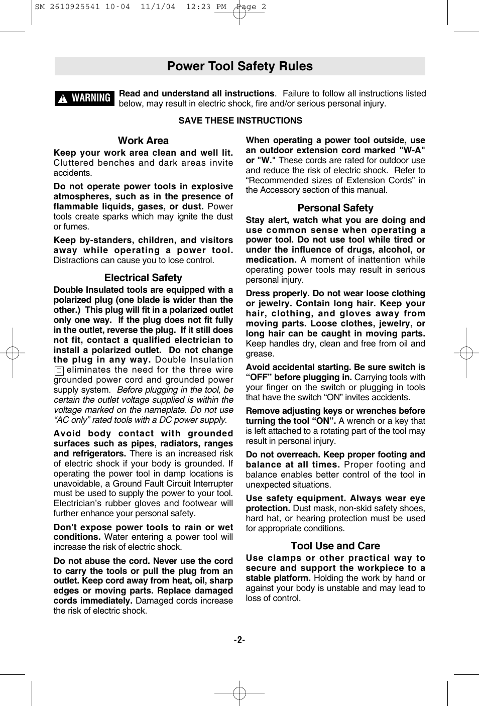 Power tool safety rules | Skil 5400 User Manual | Page 2 / 36