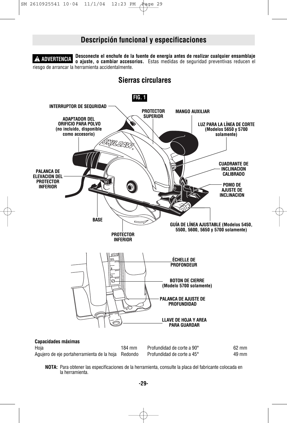 Descripción funcional y especificaciones, Sierras circulares | Skil 5400 User Manual | Page 29 / 36