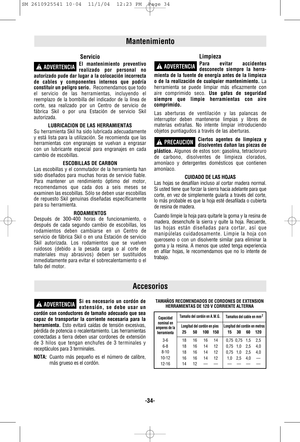 Mantenimiento accesorios, Servicio, Limpieza | Advertencia ! advertencia ! precaucion, Advertencia | Skil 5400 User Manual | Page 34 / 36