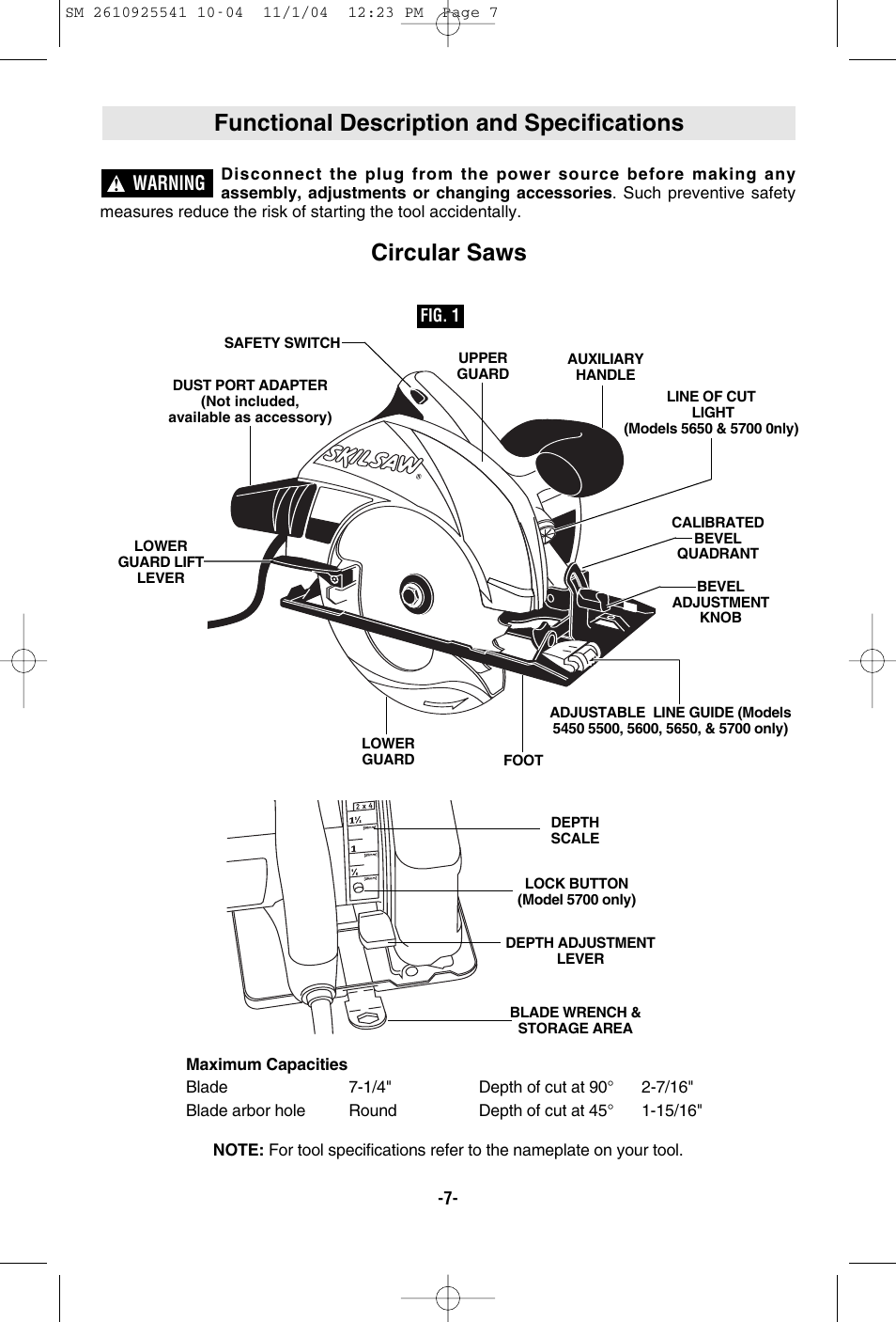 Functional description and specifications, Circular saws, Warning | Skil 5400 User Manual | Page 7 / 36