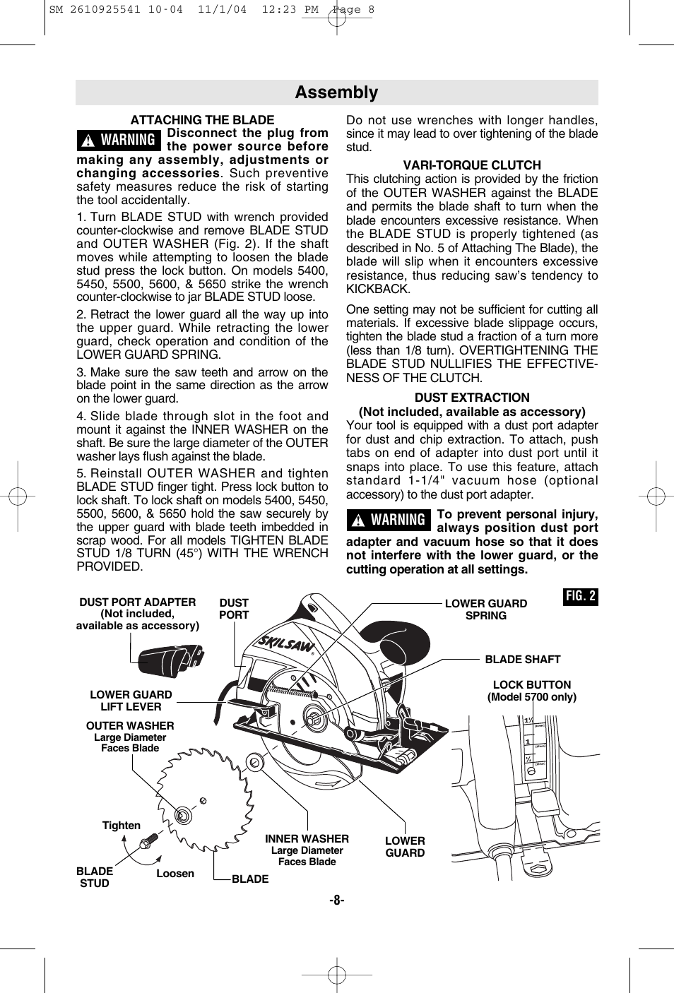 Assembly, Warning | Skil 5400 User Manual | Page 8 / 36