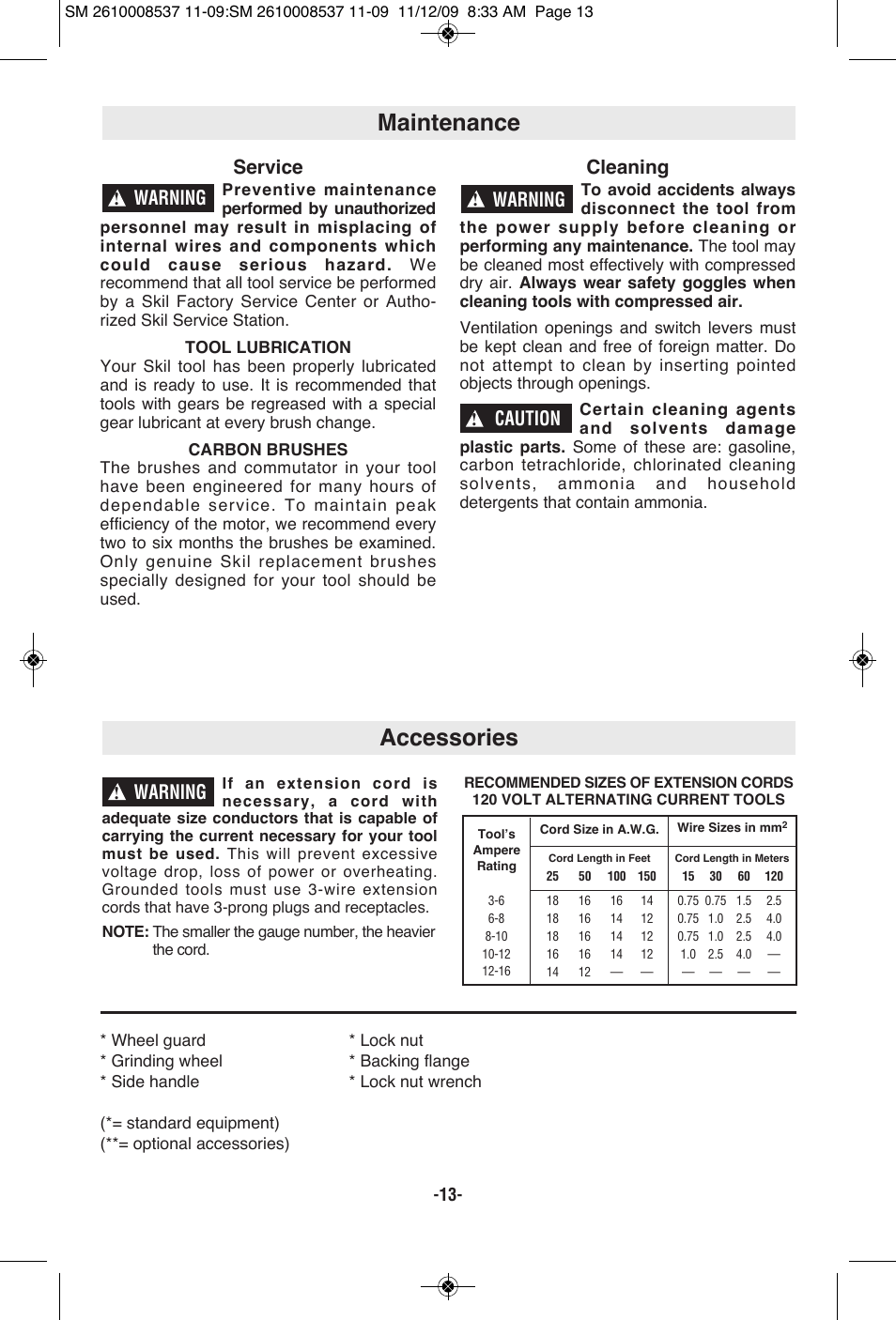 Maintenance, Accessories, Service | Cleaning, Warning, Caution | Skil 9295 User Manual | Page 13 / 44