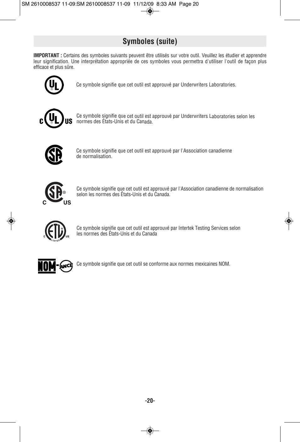 Symboles (suite) | Skil 9295 User Manual | Page 20 / 44