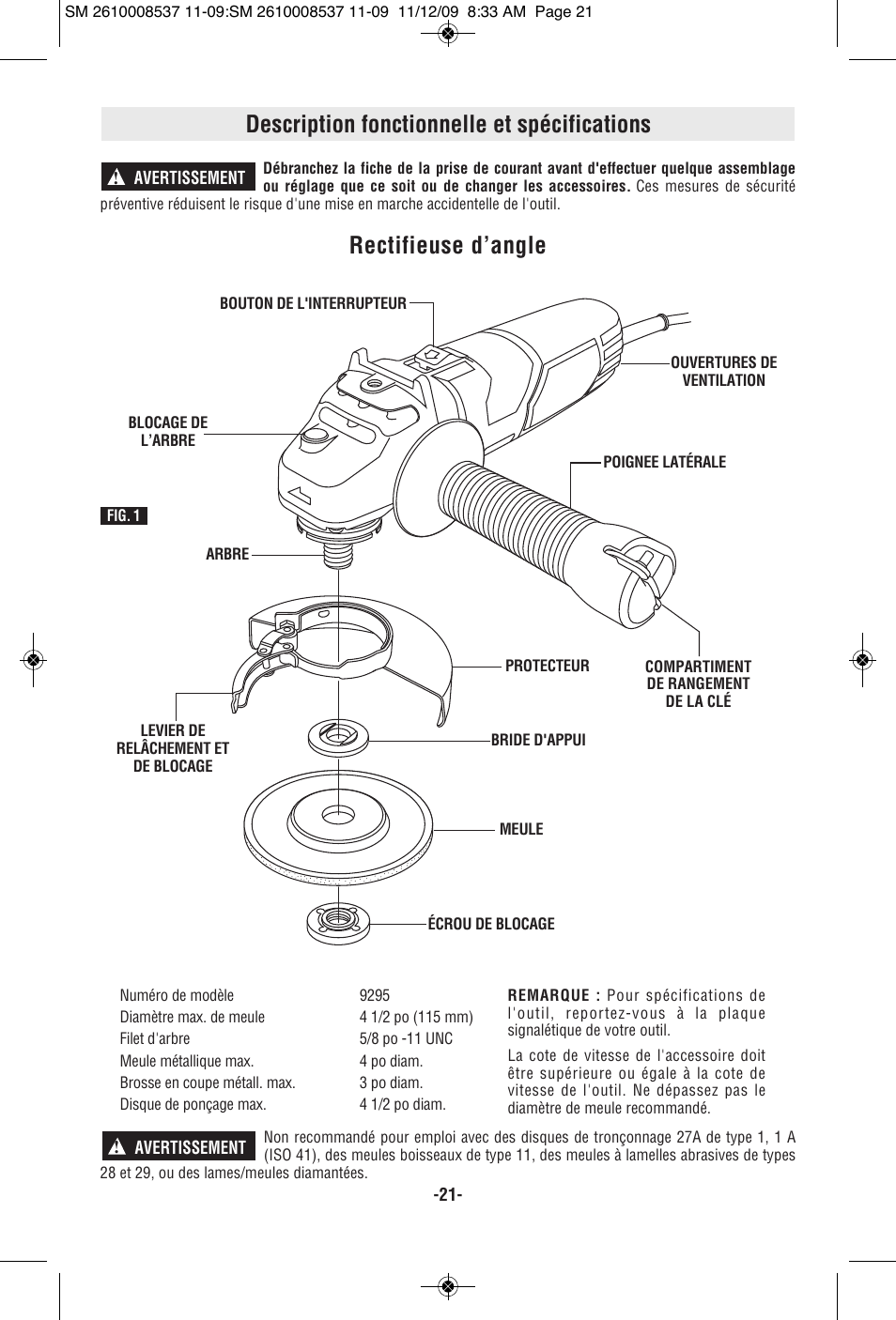 Description fonctionnelle et spécifications, Rectifieuse d’angle | Skil 9295 User Manual | Page 21 / 44