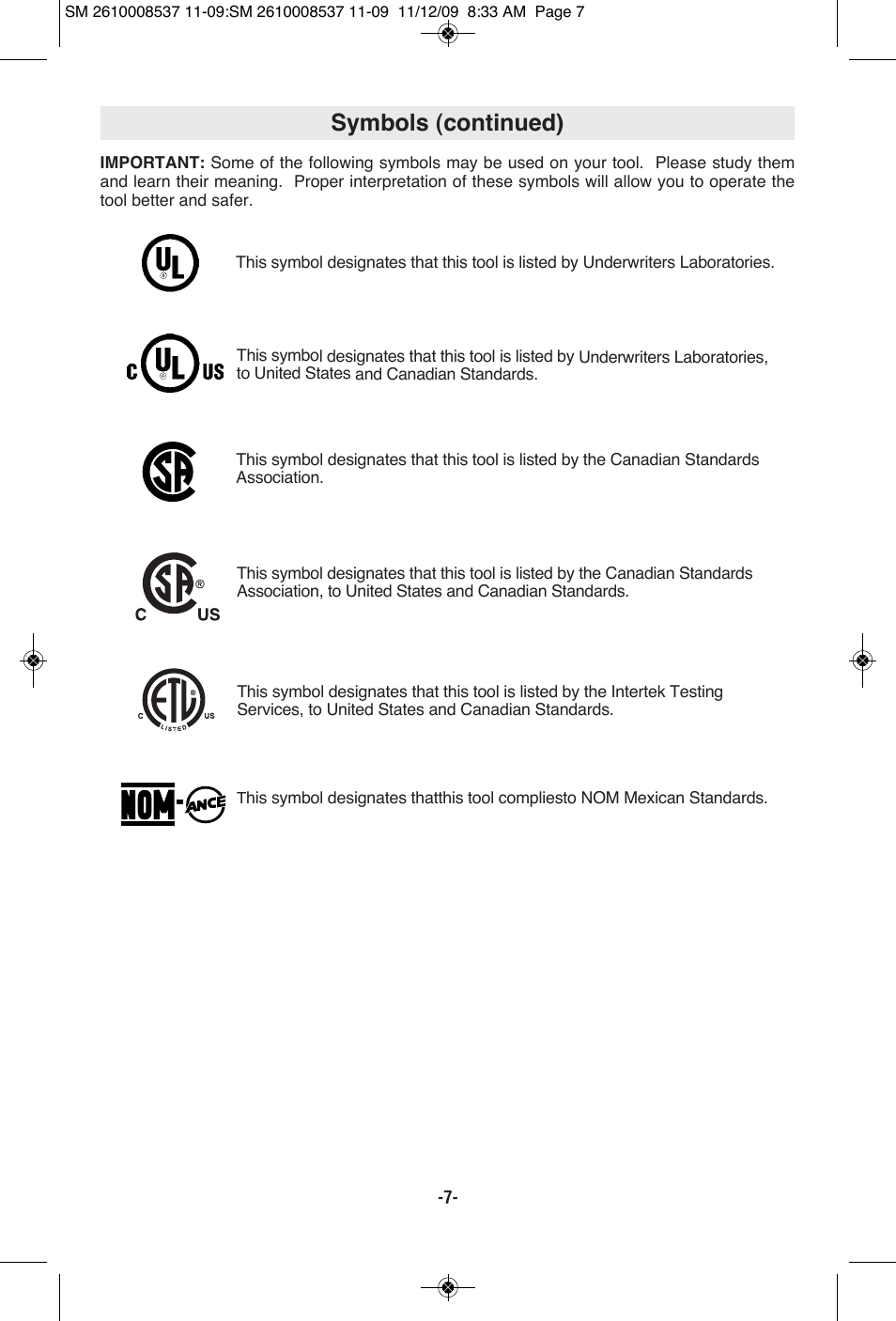 Symbols (continued) | Skil 9295 User Manual | Page 7 / 44